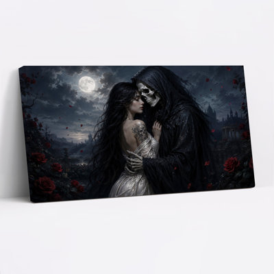 Tableau sur toile représentant la Faucheuse gothique enlaçant une femme au clair de lune pour l'Halloween