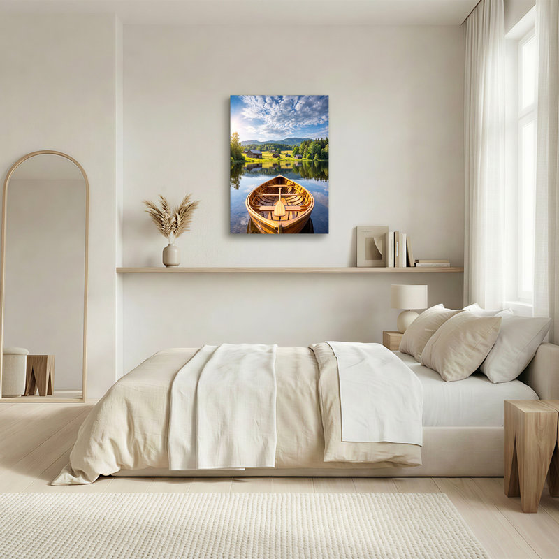 Toile en bois sur le lac avec montagnes et cabanes, art mural, 36"H x 24"W