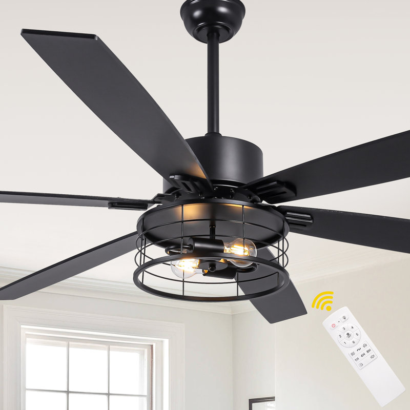 65 Inch Black Farmhouse Industrial Large Ceiling Fan with Lights and Remote, 6-Speed DC Slient Motor Caged Ceiling Fan for Large Rooms