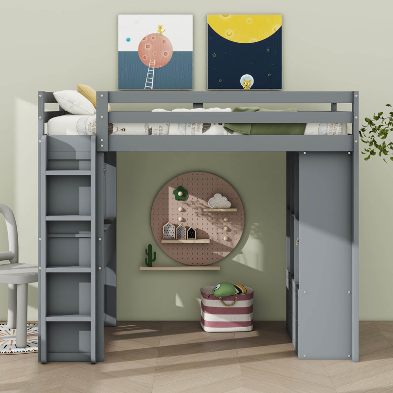 Lit mezzanine avec grandes tablettes Jonavan, Simple, gris