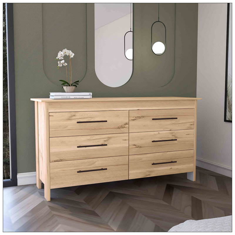 Commode double, 6 tiroirs, plateau supérieur, chêne clair / blanc