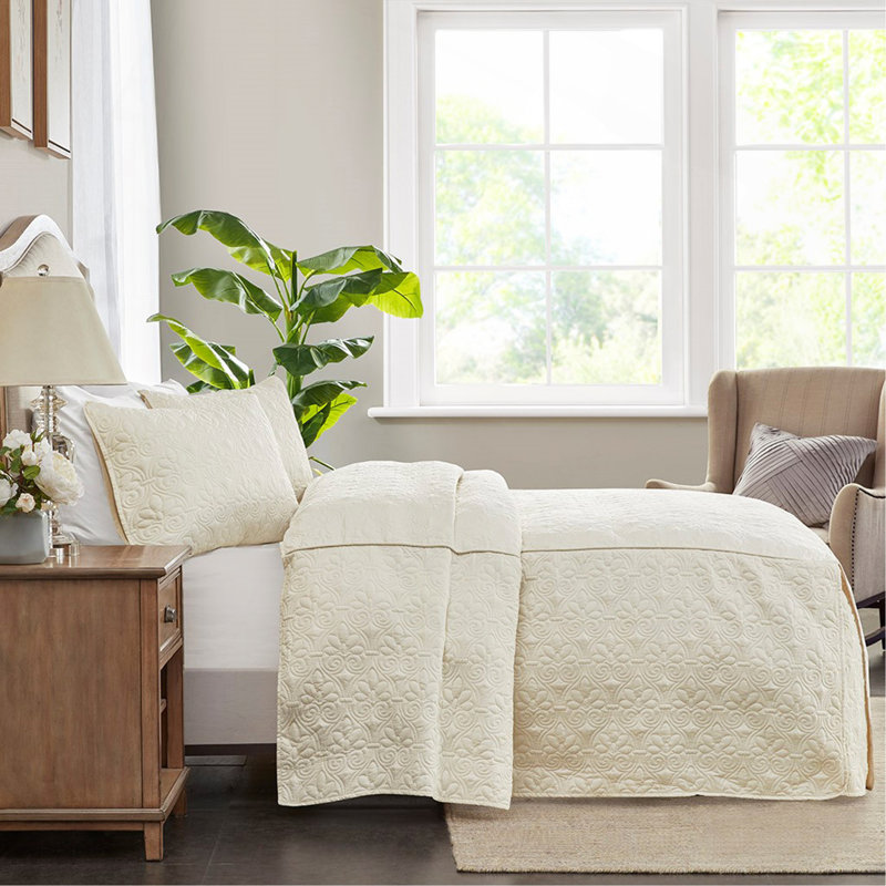 Couvre-lit plissé 3 pièces, Crème, Couvre-lit pour grand lit + 2 taies décoratives