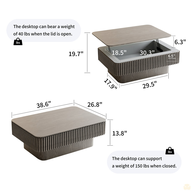 Table basse à plateau relevable cannelé 38,6 po