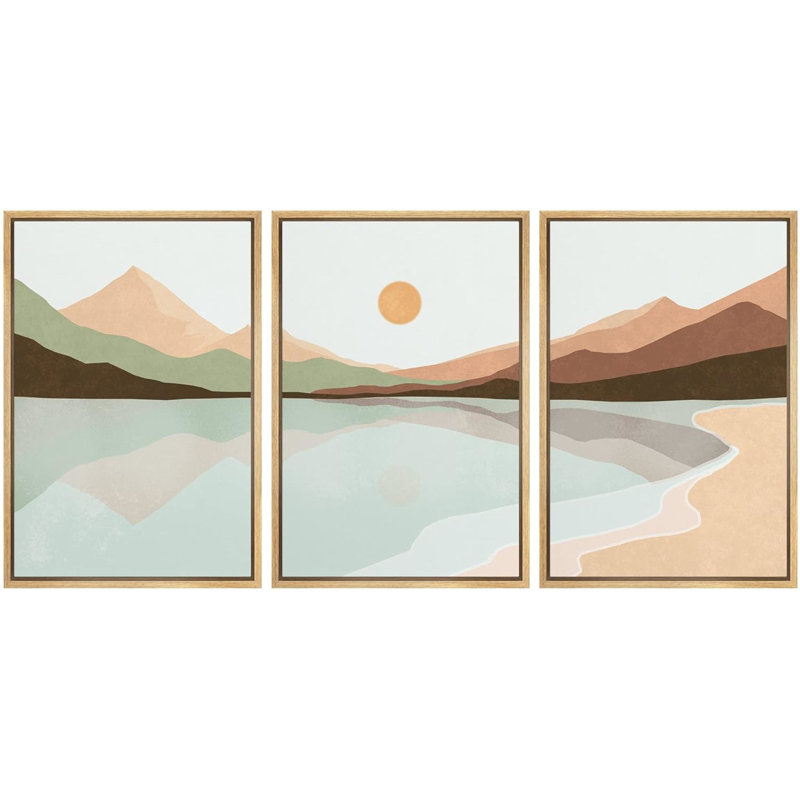 Sun Mountain Landscape " Pastel Beach Shore Mountain Range " 3 - Pieces, 24" H x 48" W x 1.5" D