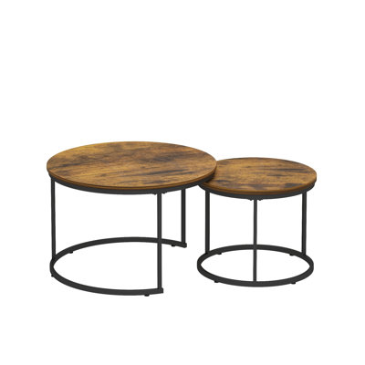 27.56 Inch Nesting Coffee Table Set of 2, Round Industrial Wood Finish Side End Table with Sturdy Metal Frame for Living Room Bedroom Balcony Yard Decor (Rustic Brown + Black)