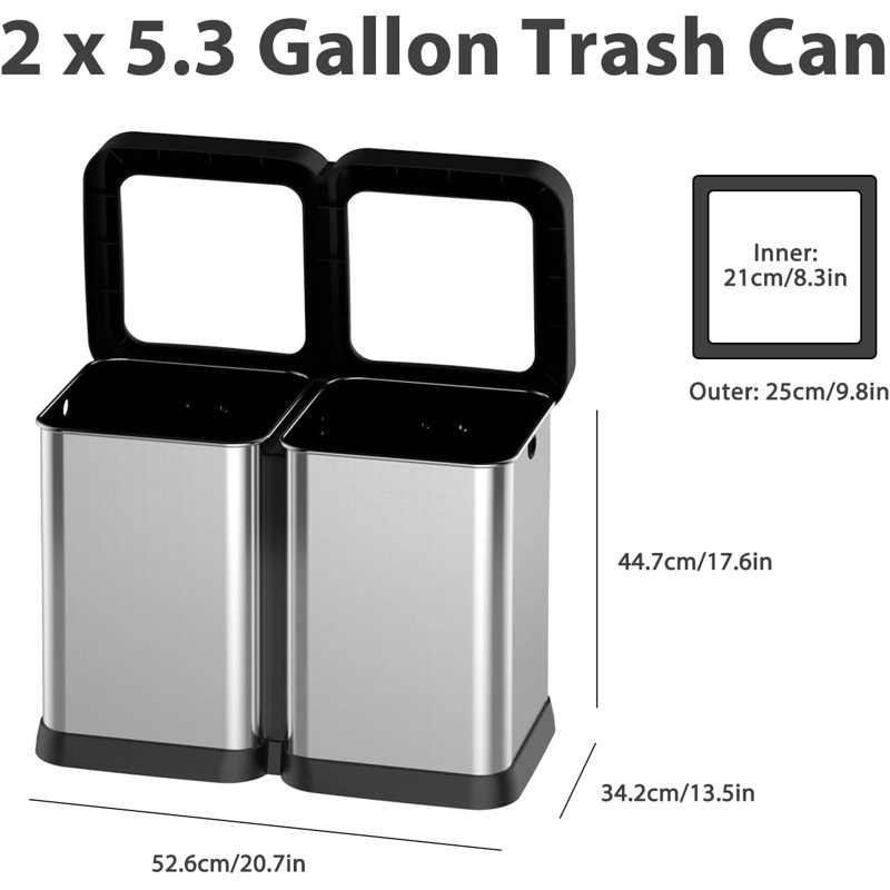 Poubelle ouverte 2 x 5,3 gallons (2 x 20 L), bac de recyclage à deux compartiments sans couvercle, poubelle en acier inoxydable résistante aux empreintes digitales pour le bureau, le restaurant et la salle à manger