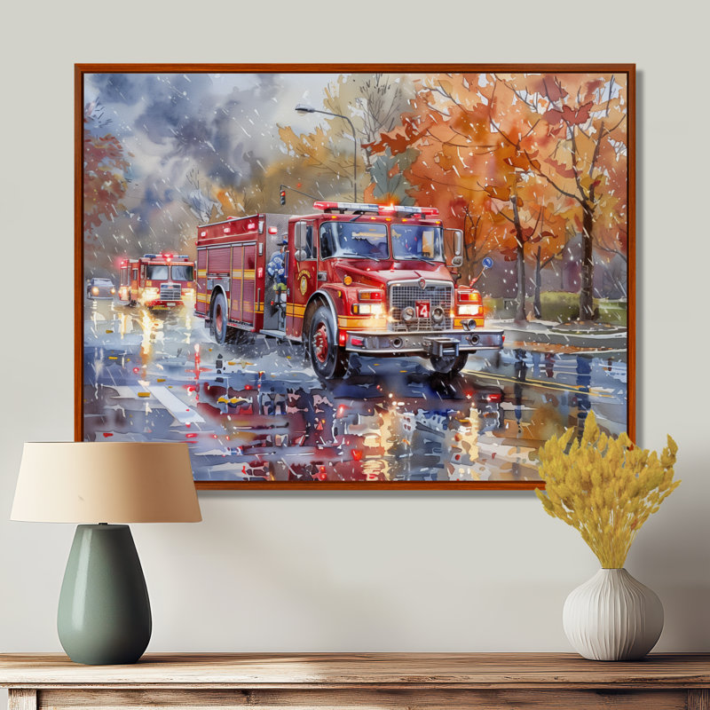 Camion de pompier rouge en automne, New York II, Toile avec cadre flottant brun, H 24 po x l 32 po x P 1 po