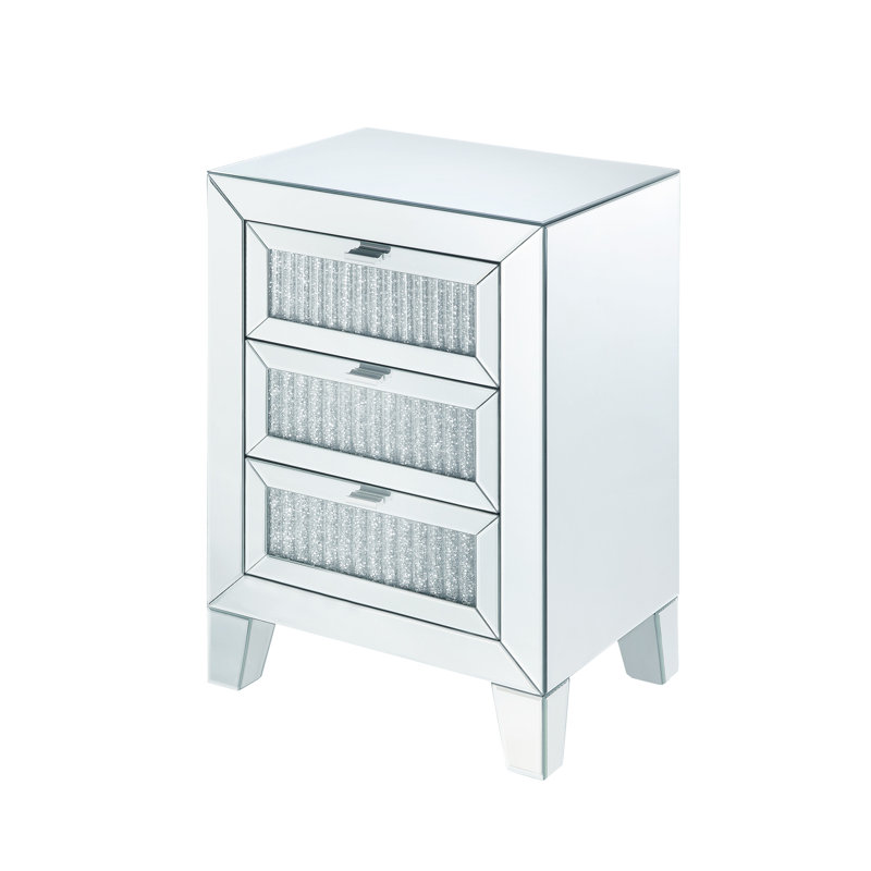 Noralie Mirrored Glass 3-Drawer Nightstand with Faux Diamond Inlay