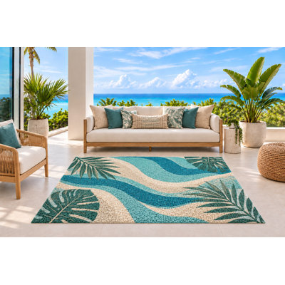 Tapis d'extérieur 152 x 213 cm, motif de feuilles de monstera avec bandes turquoise et bleues, imperméable, en PVC bouclé, résistant et à séchage rapide, idéal pour porche, terrasse, balcon ou entrée.