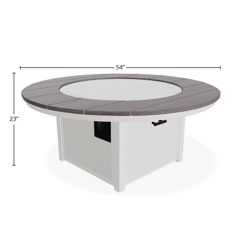 54" Round Rustic Polymer Fire Table with Propane Shelf, White/Boardwalk