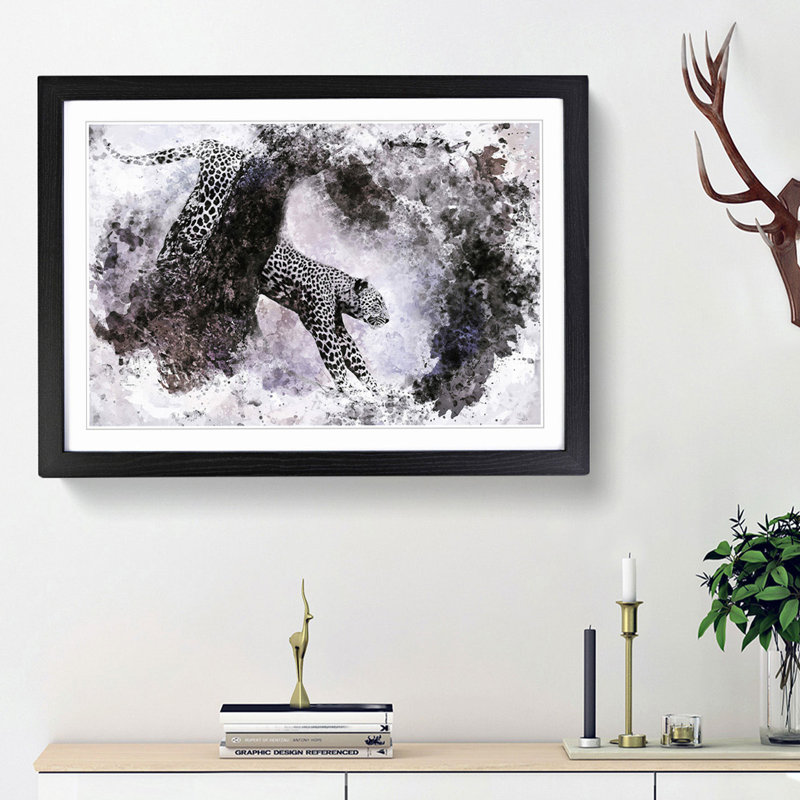 Leopard Climbing from a Tree in Abstract - Framed Print, 36cm H x 48cm W x 2cm D, Black Framed