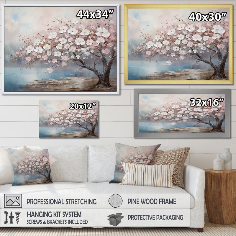 «Pink and Grey Cherry Blossom Charm I», art mural encadré de fleurs, H 34 po x l 44 po x P 1,5 po, Toile tendue