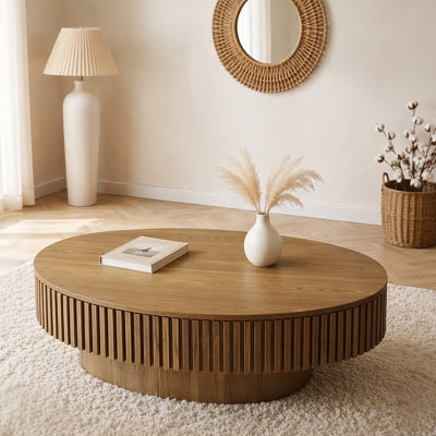 Table basse 47 po ovale avec rangement en bois massif plaqué en bois massif pour table de salon, chambre à coucher, appartement ou bureau, brun