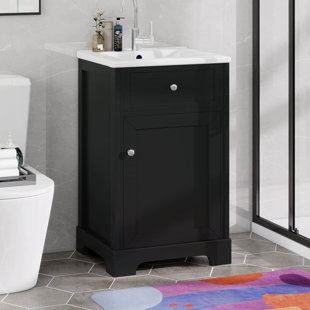 20" Bathroom Vanity With Ceramic Top Sink, Bathroom Cabinet, Two-Tier Storage Rack And Adjustable Shelves