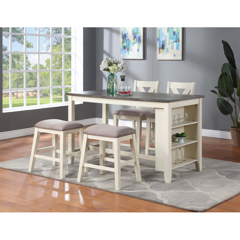 Modern Contemporary 5pc Counter Height High Dining Table w Storage Shelves High Chairs And Stools Wooden Kitchen Breakfast Table Dining Room Furniture