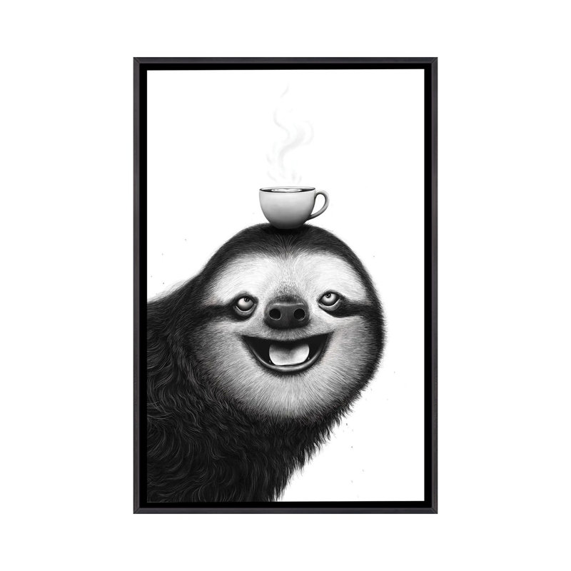 Paresseux avec cappuccino - reproduction d'art murale - toile encadrée, 48" x 32", Toile avec cadre, Noir patiné