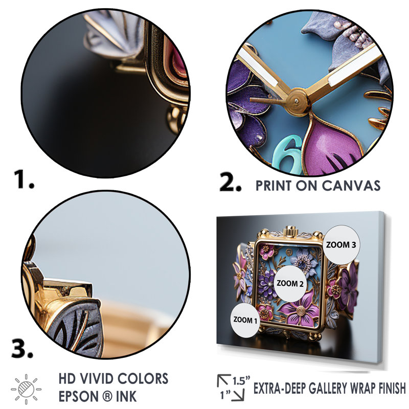 Popart fantaisiste, montres de jardin sur toile, Cadre flottant doré, H 30 po x l 40 po x P 1,5 po