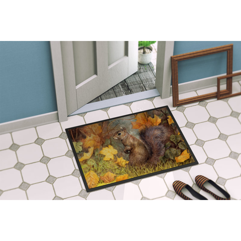 Tapis d'extérieur antidérapant Volente Grey Squirrel in Fall Leaves, Rectangle 2 pi x 3 pi