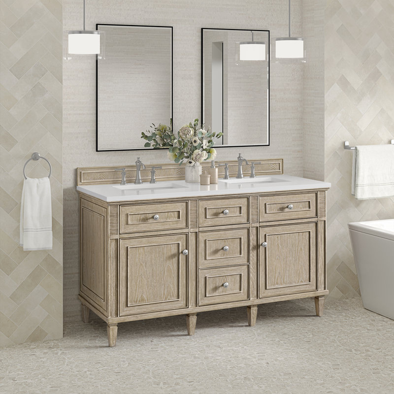 Lorelai 60'' W Double Vanity, Whitewashed Oak, White Zeus, 8" Widespread