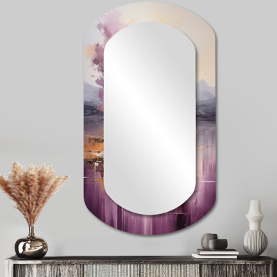 Purple and gold mountain landscape IV - Landscapes Asymmetrical Mirror, Purple Cylinder Unique Wall Mirror, Printed Metal Art