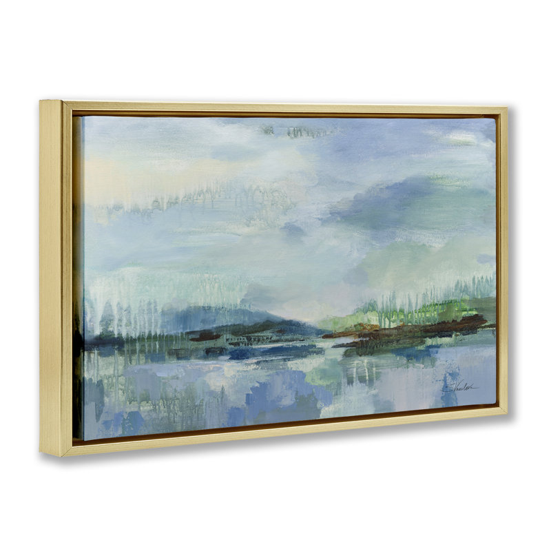 Cadre flottant Rain Over The Lagoon, design par Silvia Vassileva, Cadre flottant métallique doré, H 21 po x l 31 po