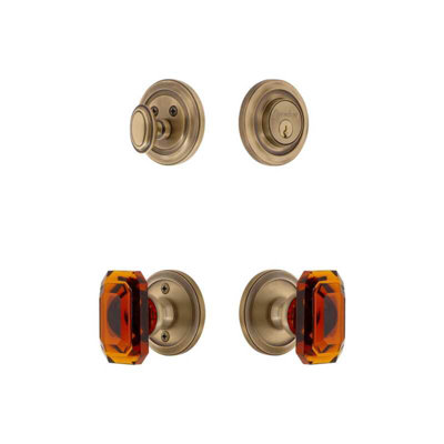 Grandeur Circulaire Rosette Entry Set with Baguette Amber Crystal Knob in Vintage Brass