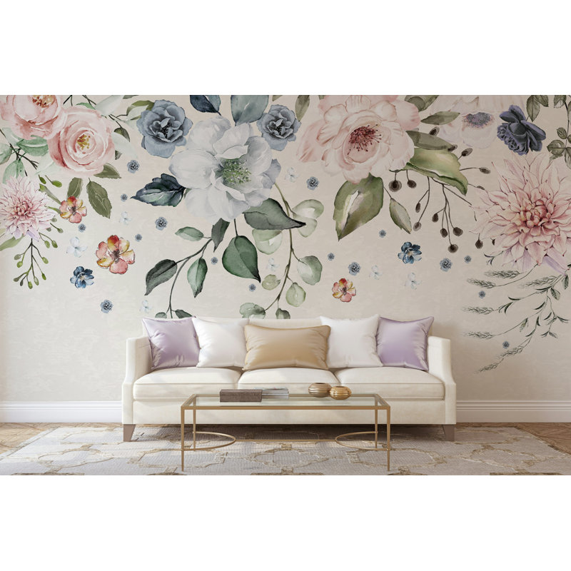 Papier peint floral aquarelle rosé et bleu, L 36,96 po x l 56 po