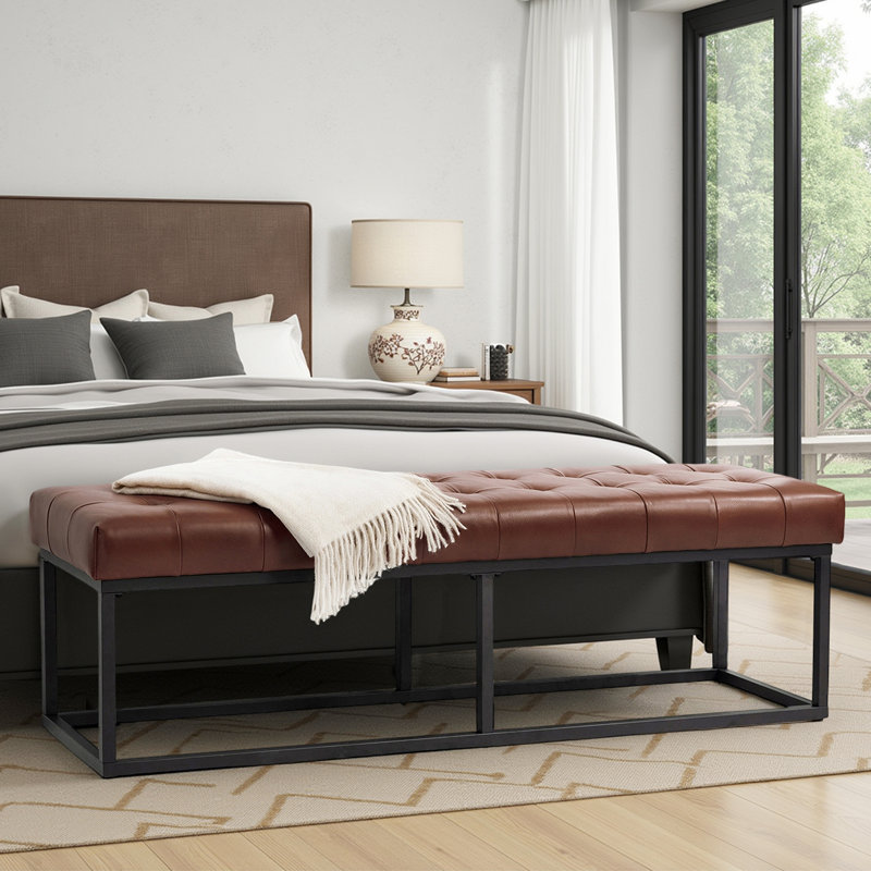 Banc en cuir véritable industriel moderne l 60 po Anahli, Brun