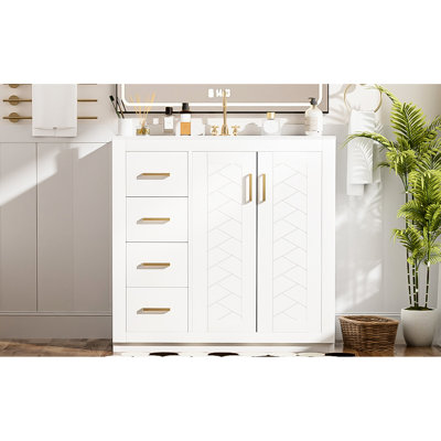 Meuble-lavabo de 36 po avec lavabo en céramique, structure en bois massif, portes, 3 tiroirs, grand espace de rangement, style rétro, poignée en métal exquis, conception moderne, glissière de tiroir lisse, facile à assembler, unique