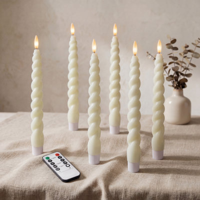  10" Flameless LED Taper Candles – Full Twisted Spiral – Ivory, Set of 6 – Remote, 2/4/6/8-Hr Timer (24-hr Memory), Bottom On/Off Button, Dimmable, Battery Operated, Flicker/Steady