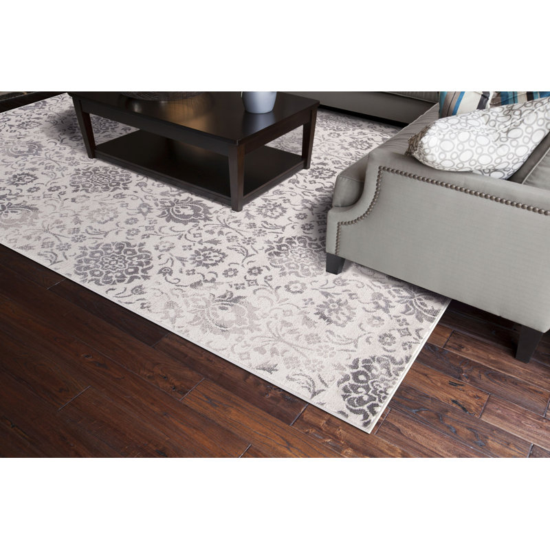 Ivory and Gray Damask Pattern Medium Pile Area Rug