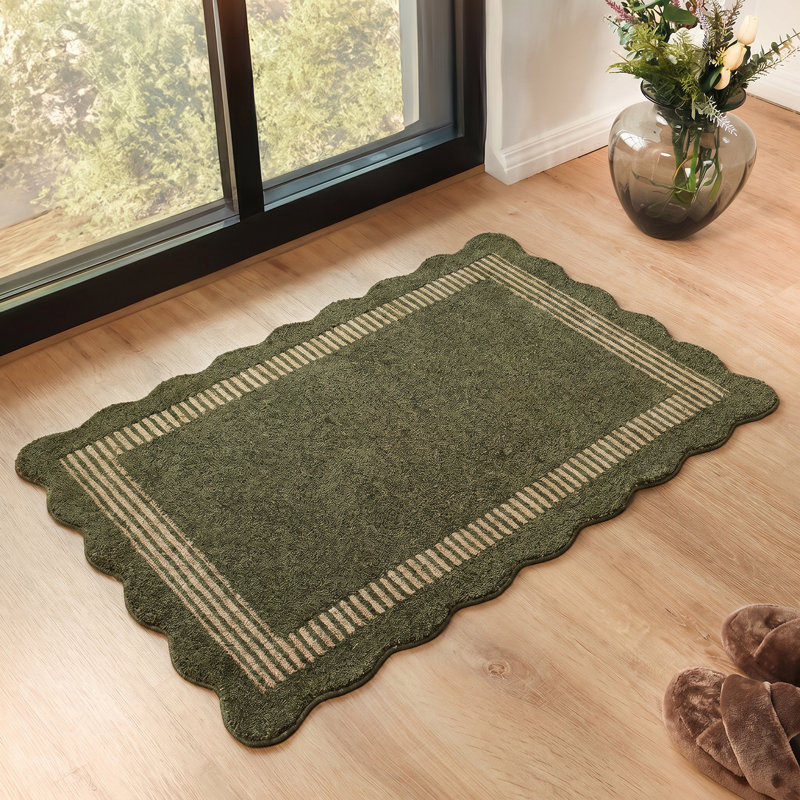 Scalloped Abstract Hand-Tufted Wool Rug, Olive Green, Beige, Rectangle 60 x 90 cm