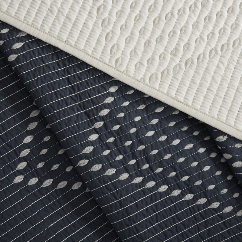 Navy Cotton King Reversible Quilt Set with Chevron Design
