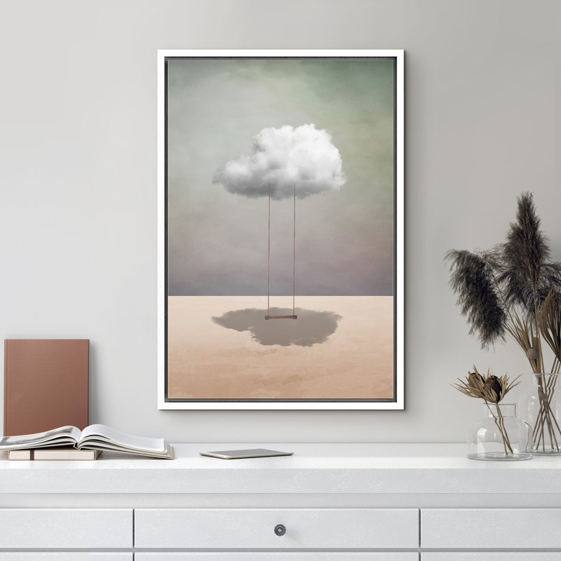 «Whimsical Desert Swing On Cloud In Desert» - Reproduction d'art sur toile encadrée neutre, H 24 po x l 16 po x P 1,5 po