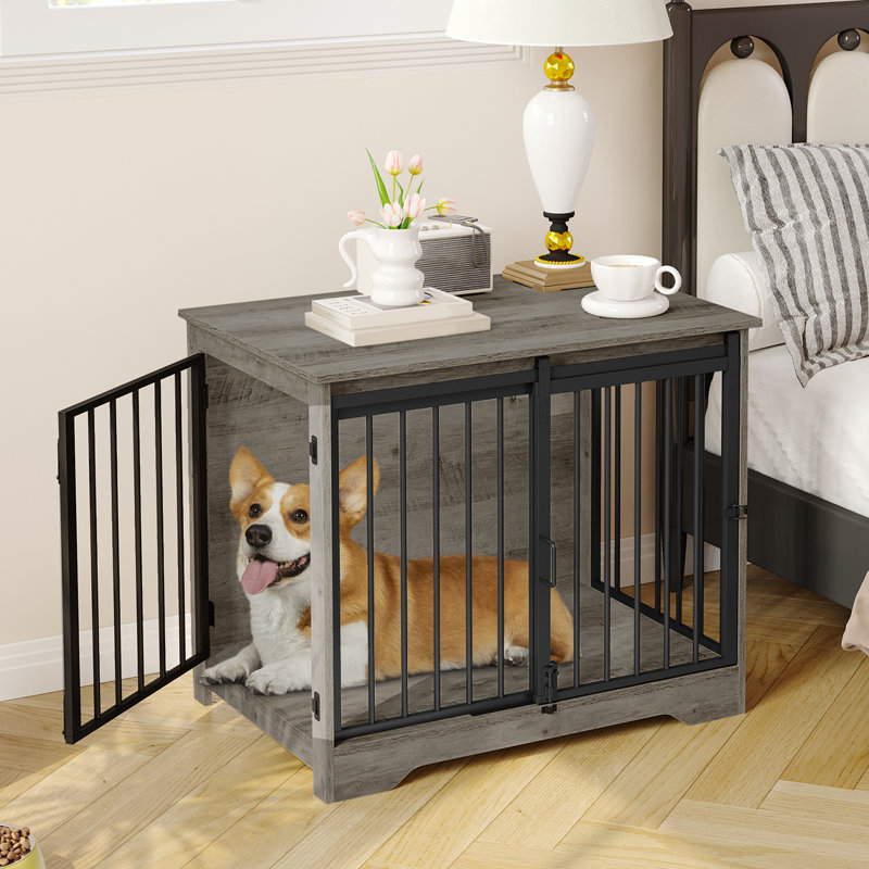 Dog Crate Furniture, Double Door Wooden Dog Crate with Barn Door, Indoor Kennel, End Side Table Animal Crates for Small Medium Large Dogs, Anti-Chew Anti-Escape