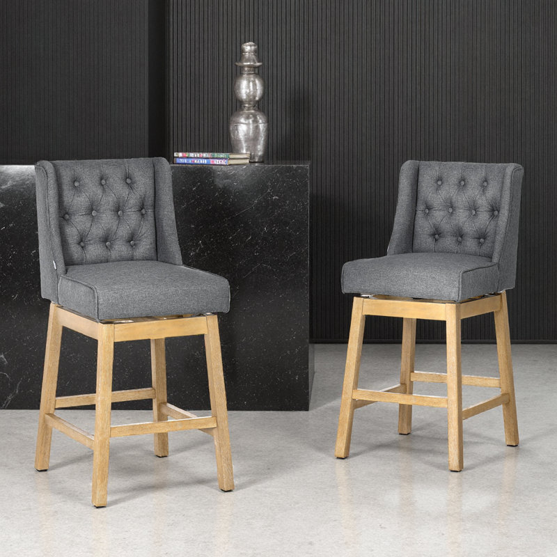 Ensemble de 2 tabourets de bar gris avec siège pivotant, dossier capitonné et repose-pieds en bois, hauteur de 29,5 po