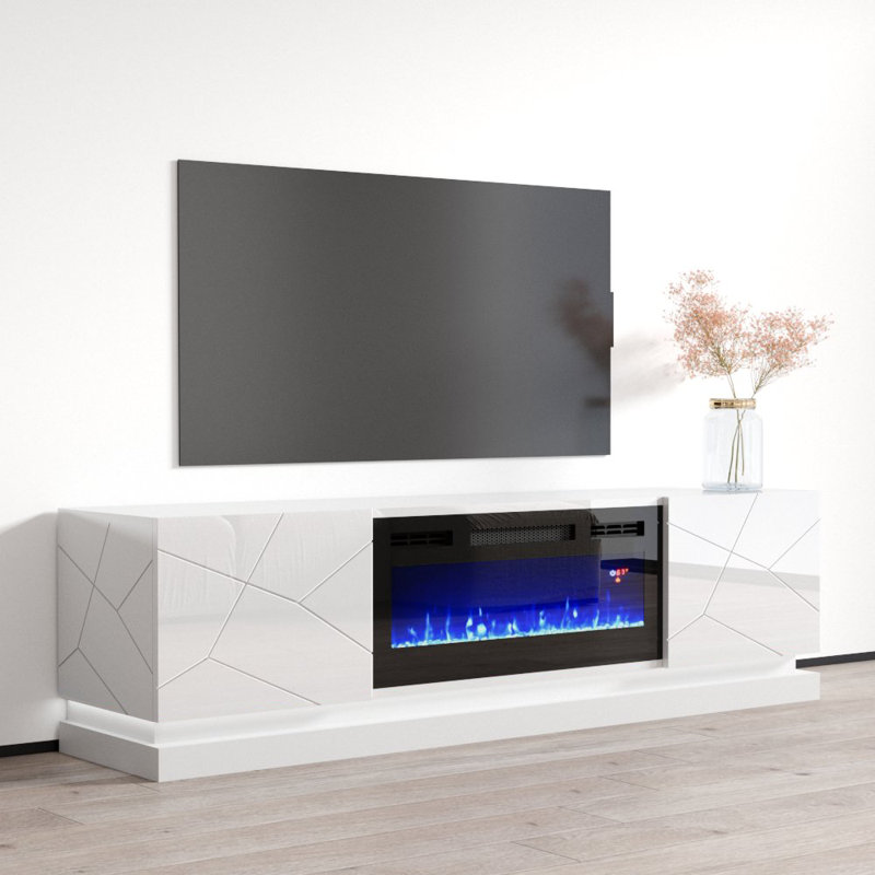 70.9" Modern TV Stand with Electric Fireplace, High Gloss Finish, Media Storage, White