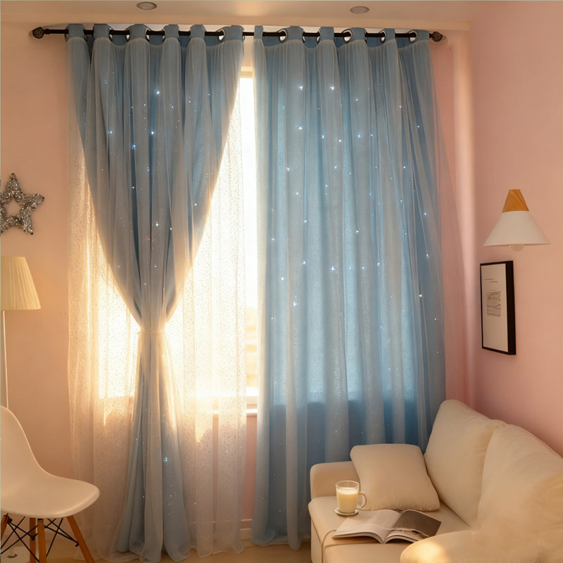 2 Panel Hollow-Out Stars Window Curtain Star Curtains for Bedroom Star Hollow Out Blackout Curtains for Room Decor Double Layer Cut Out Window Curtains 39.5W x 80L