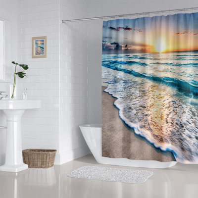 Ocean Themed Shower Curtain With Beach Waves And Sunrise Design - Waterproof Fabric Bathroom Decor Set Includes Plastic Hooks