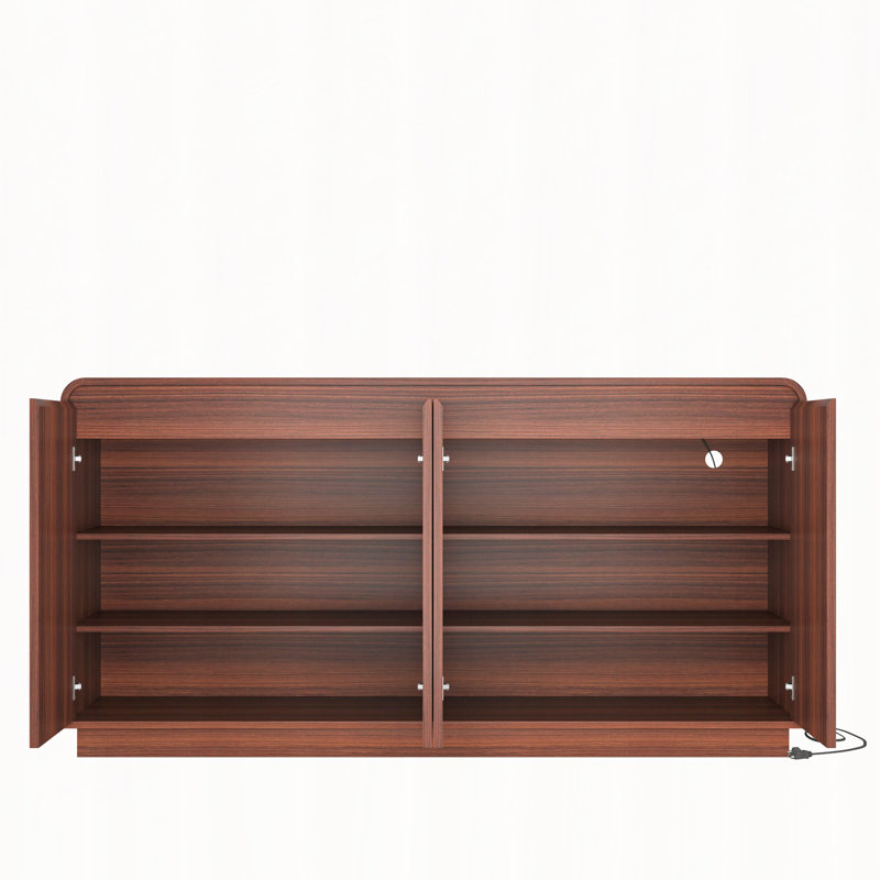 Meuble télé 4 portes cannelé avec prise de courant et rangement réglable, Walnut