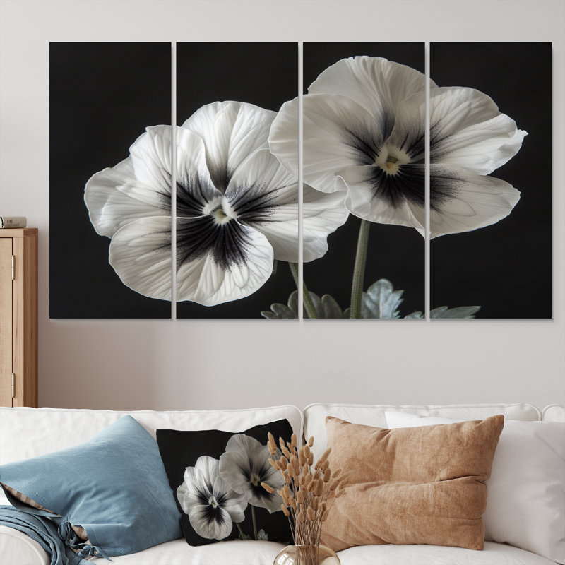 «White Black Botanical Beauty Pansies II - Pansies», ensemble de reproduction d'art mural, H 32 po x l 64 po