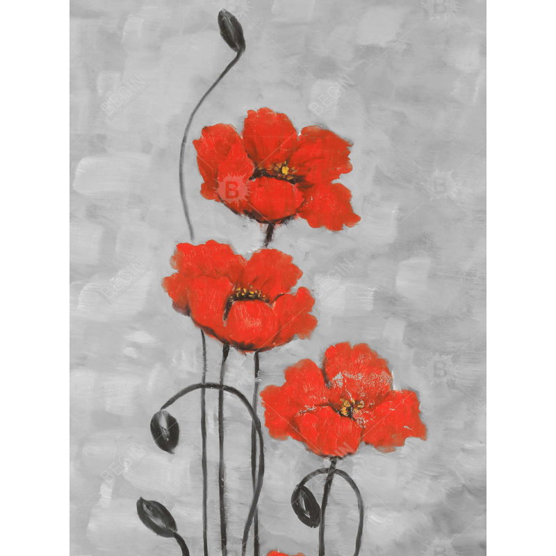 Grandes fleurs rouges - toile grise | Conception vibrante