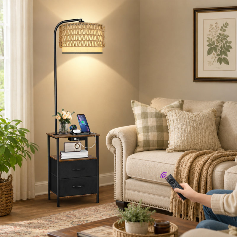 63.19" Floor Lamp With Table And Remote Control Wicker Double Lampshade End Table, Black/Brown