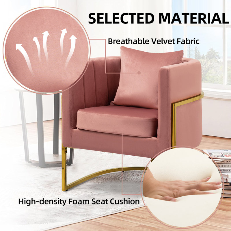 Fauteuil d'appoint demi-tonneau en velours avec coussin, Pink
