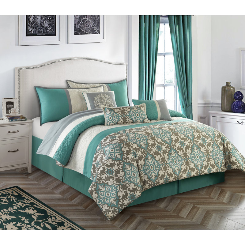 Reina Comforter Set, King Comforter + 6 Additional Pieces, Mineral Blue/Gray