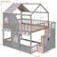 Lit superposé double au dessus d'un lit double avec escalier de rangement et tablettes, structure de lit superposé en bois pour enfants avec maisonnette, toit et porte, marches de rangement et tablettes ouvertes, gris et rose-130154298