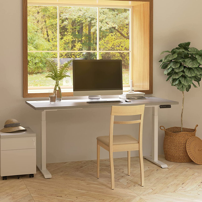 Skyscraper Electric Height Adjustable Standing Desk, Dual Motor and Digital Control with Memory, 72x24, Grey Strand Top with White Frame