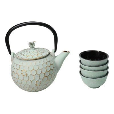 Mint Green Honeycomb Petite Cast Iron Teapot 10oz With 4 Mini Tea Cups Set