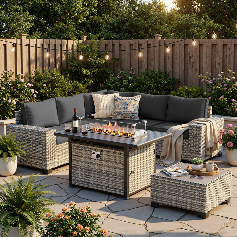 7-Piece HDPE Wicker Patio Sectional Set With Fire Pit Table, Cushioned Outdoor Conversation Set, Black