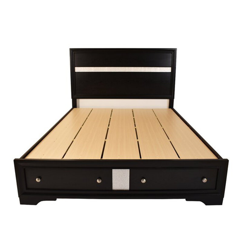 Lit plateforme avec rangement en bois massif Ashlock, Noir, Très grand lit